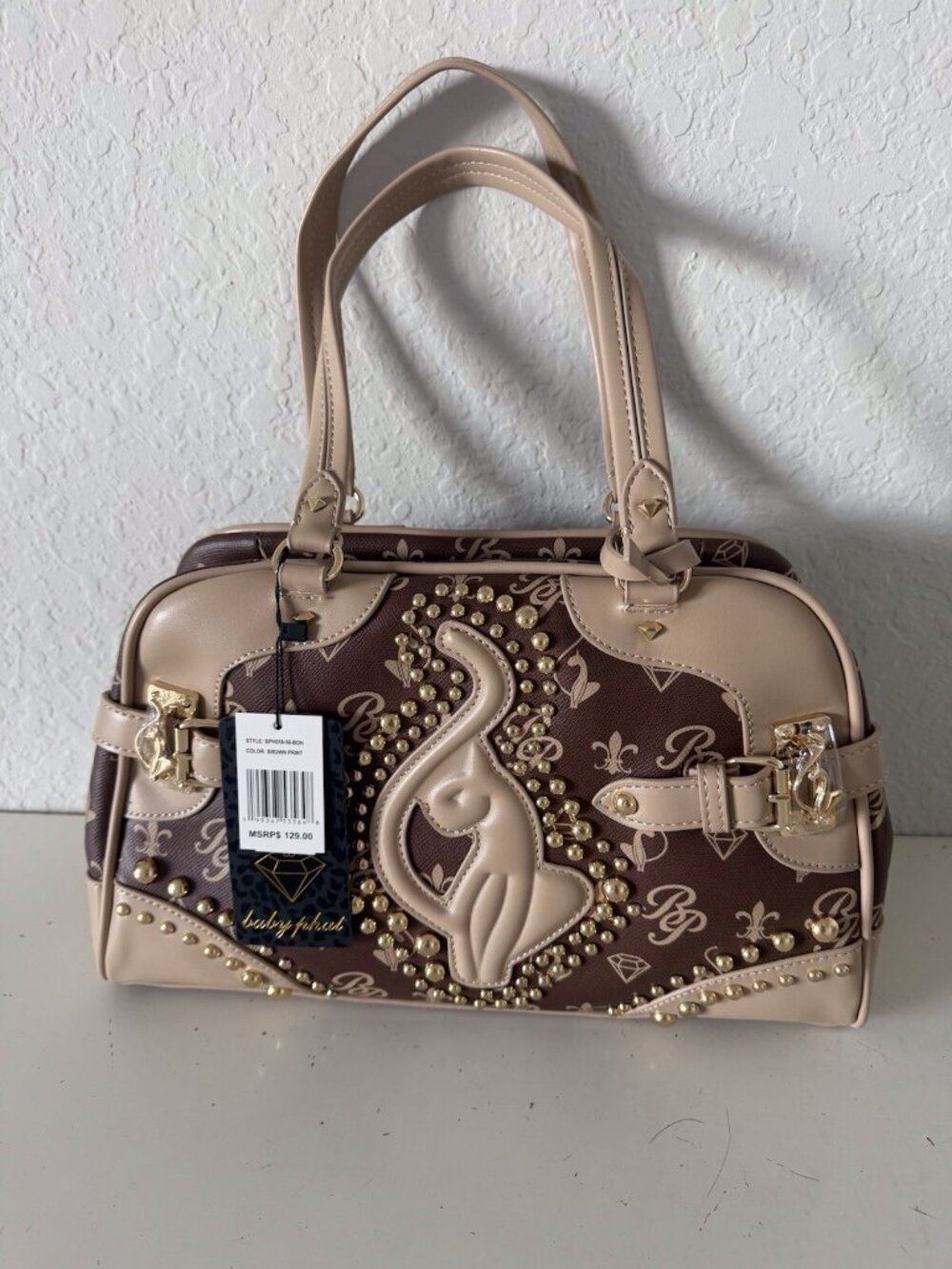 Baby Phat Croc Embossed Studded Cat Satchel Bowler Bag Brown Gold Y2K Viral NEW - Picture 13 of 13
